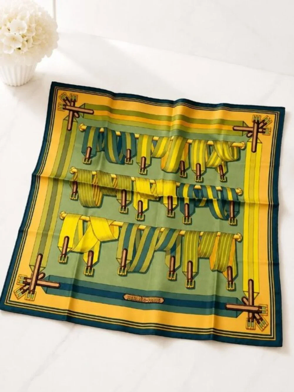 Authentic Hermès Les Sangles Carré 90 Silk Scarf Yellow Green